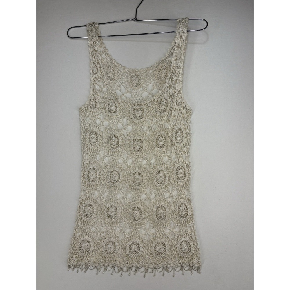 Vintage Crochet and Beaded Ivory Tank Top Women's Small Bohemian Boho Festival